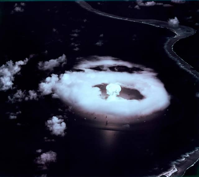 A mushroom cloud from the first atomic bomb detonated at Bikini Atoll similar to Castle Bravo