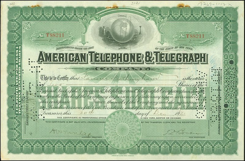 An original share in the American Telegraph and Telephone company (AT&T) which would become a monopoly