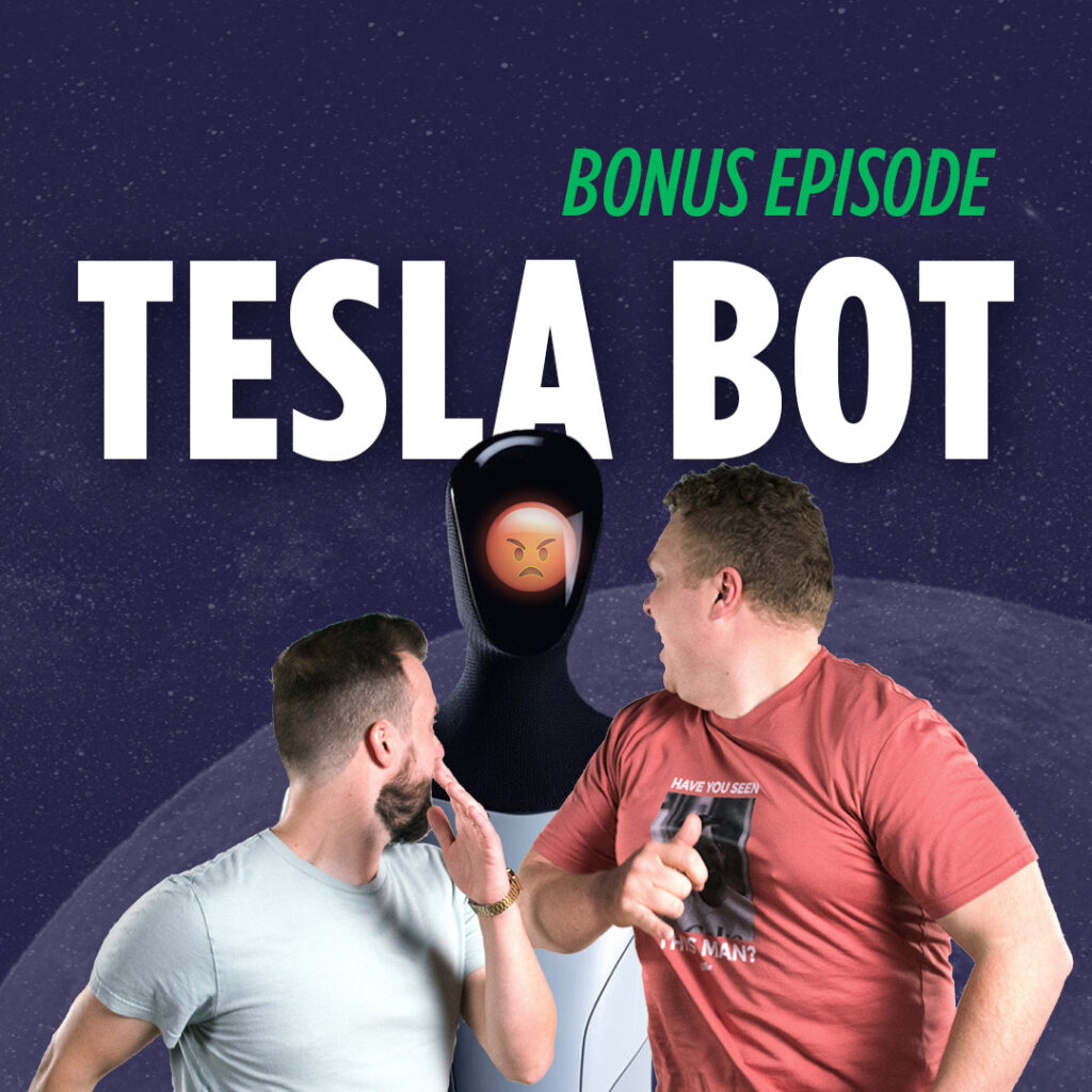 The Tesla Bot chasing podcast hosts Tim Stone and Jaron Myers on their comedy podcast