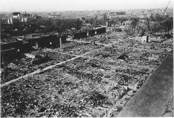 The aftermath of the firebombing of Tokyo by Curtis LeMay of the Bomber Mafia