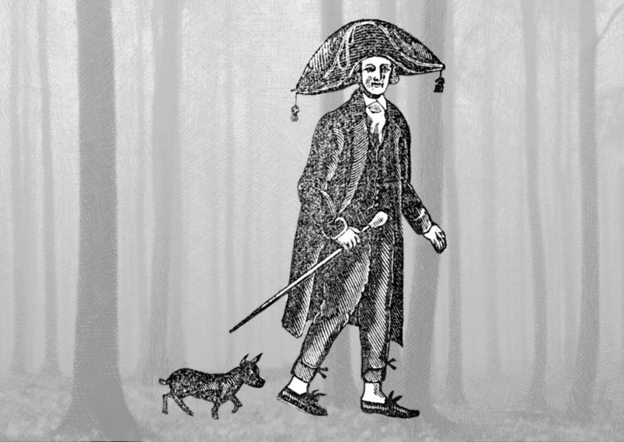Timothy Dexter the world's luckiest business man walking his dog in the woods