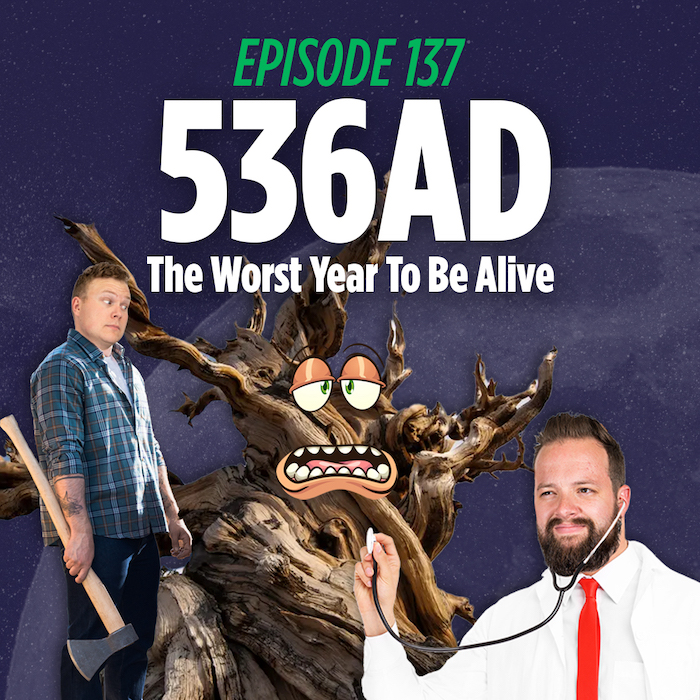 Jaron Myers and Tim Stone examining the oldest tree on earth while talking about 536 AD, the worst year in history