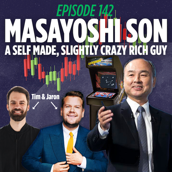 Masayoshi Son, Jaron Myers, and Tim Stone lookalikes in front of stock market charts on the rise signaling wealth
