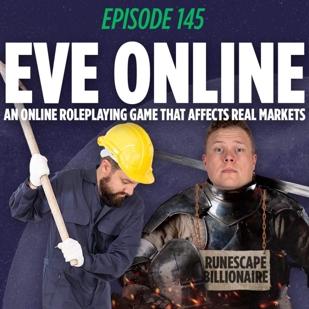 Tim Stone working in a mine and Jaron Myers dressed in medieval armor in front of a graphic that reads Eve Online