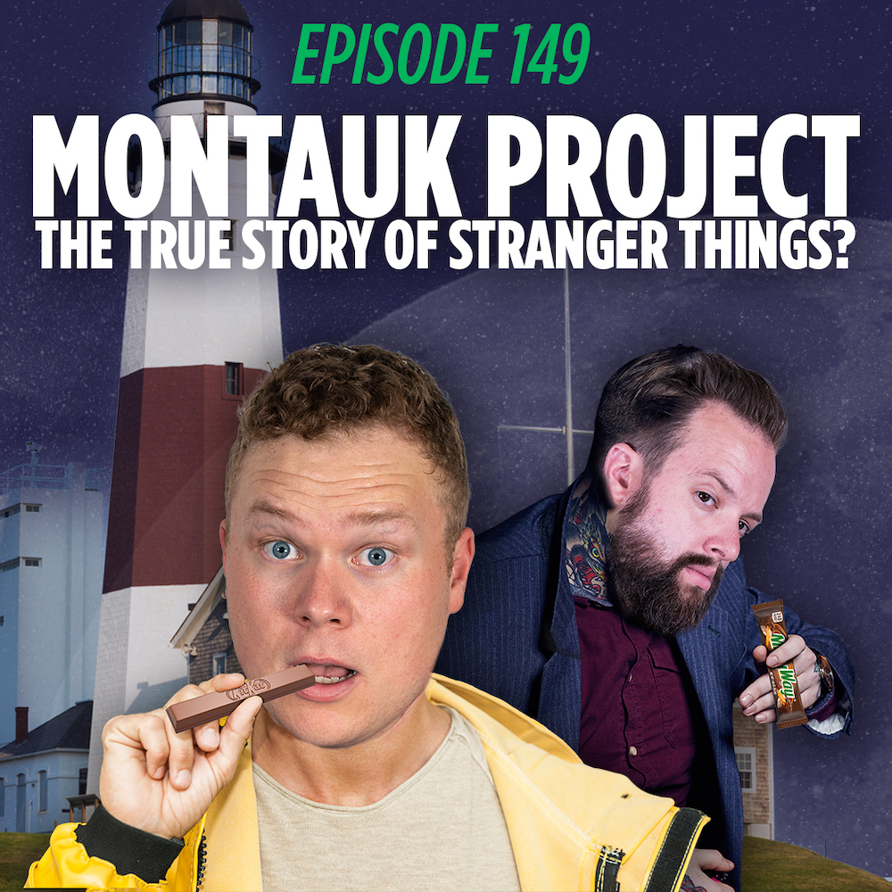 Tim Stone and Jaron Myers dressed as east coast fishermen holding candy bars like cigars standing in front of a lighthouse and a graphic that reads 'the montauk project' and 'things I learned last night'