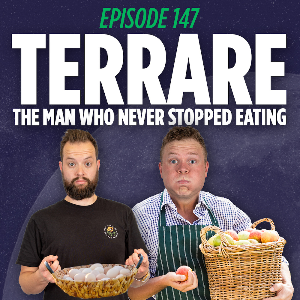 Tim Stone and Jaron Myers holding items that Tarrare ate like a dozen eggs and a basket of apples in front of a things I learned last night podcast graphic that reads Tarrare