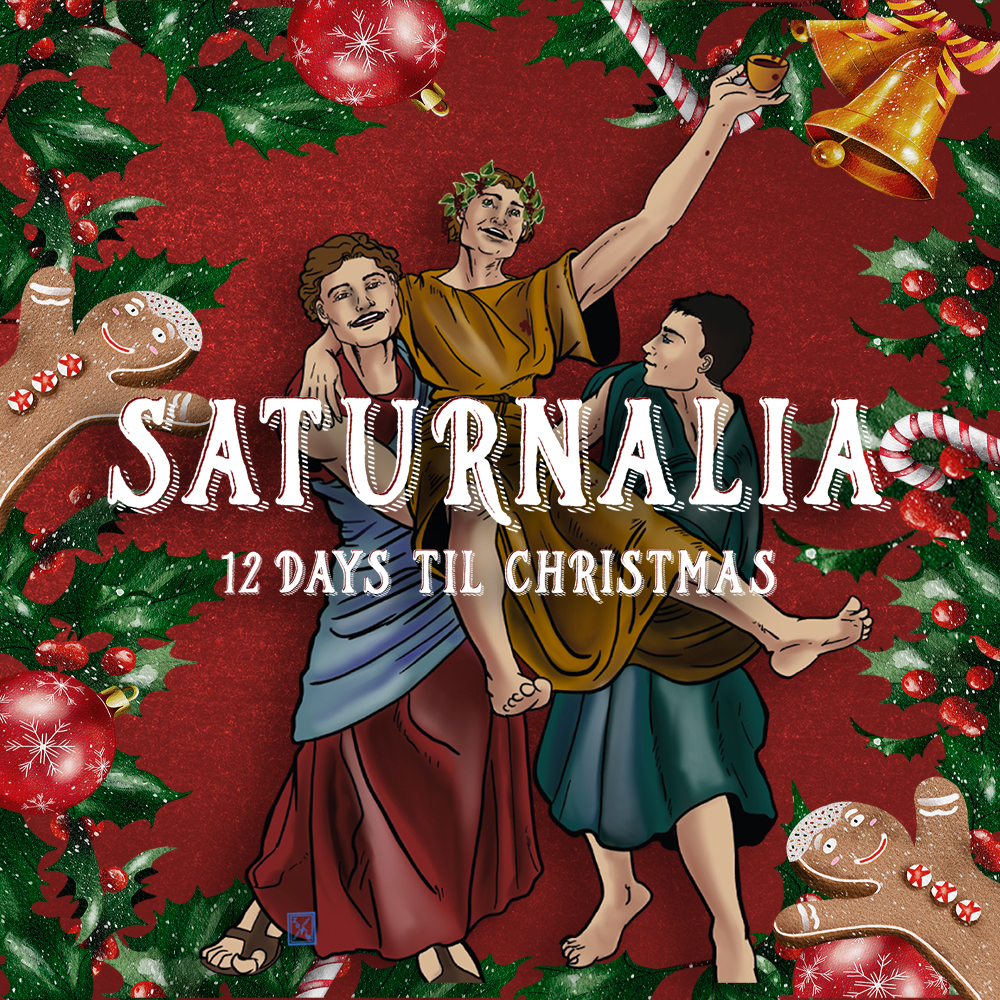 saturnalia written over a red background with christmas decor including holly, gingerbread, and candy canes.