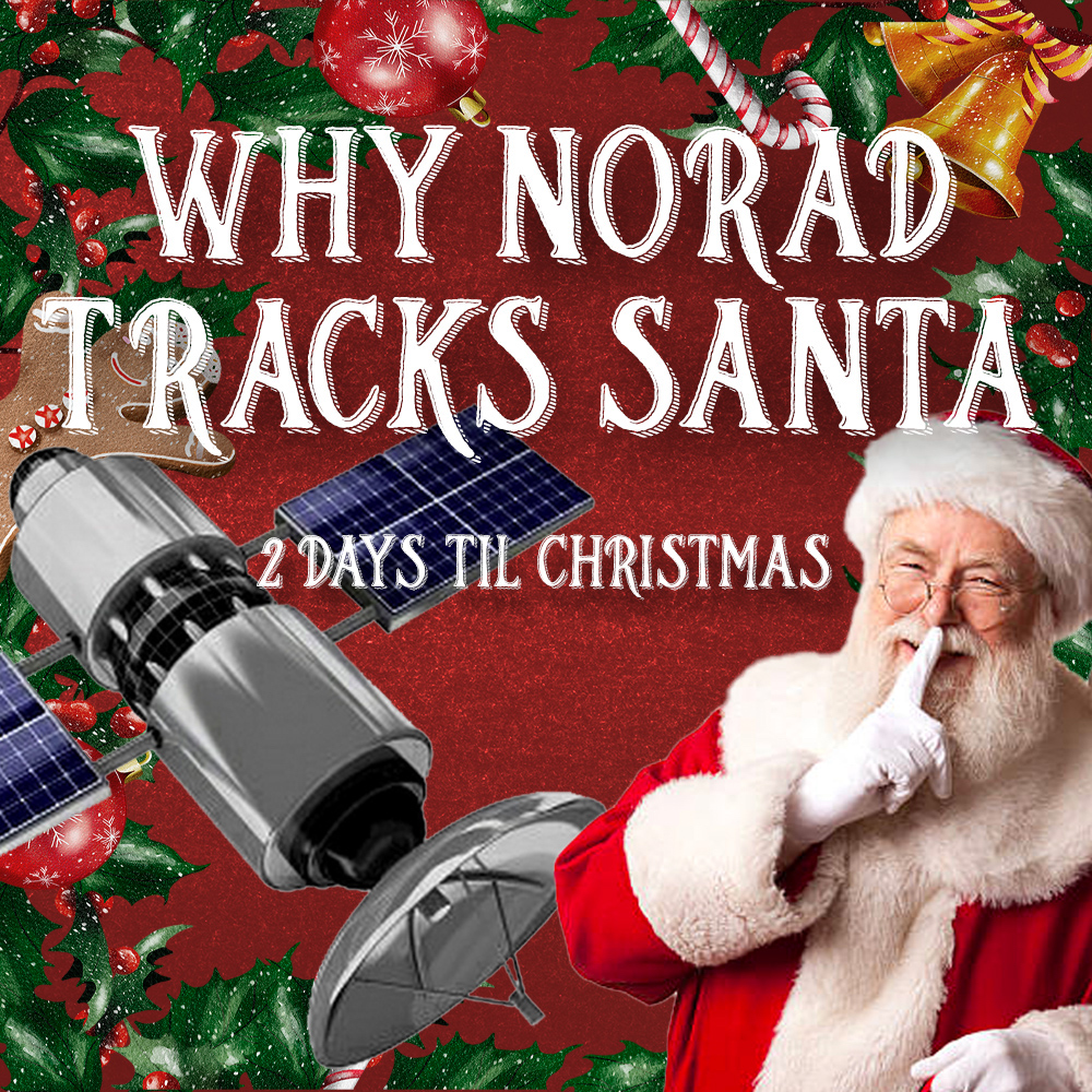 Santa Clause and a satellite in front of a red background with christmas decor with the text 'why norad tracks santa'