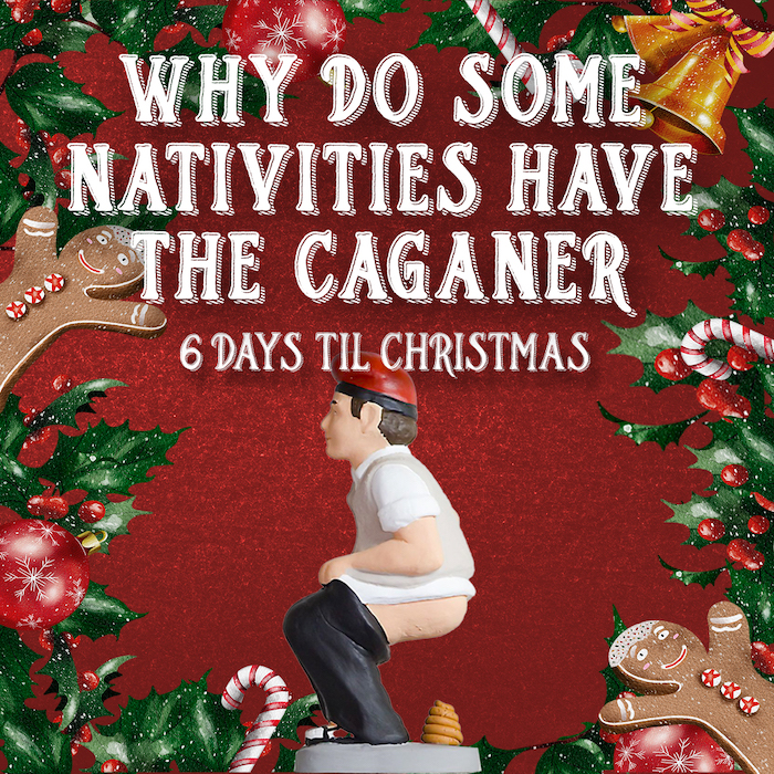 A Christmas Caganer over a red background with christmas decor and the text 'why do some nativities have the caganer'
