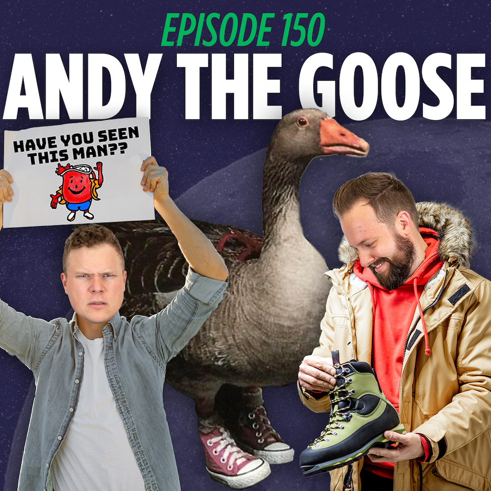 Andy the Goose with shoes and Tim Stone looking at a shoe while Jaron Myers holds a sign with the kool aid man on it