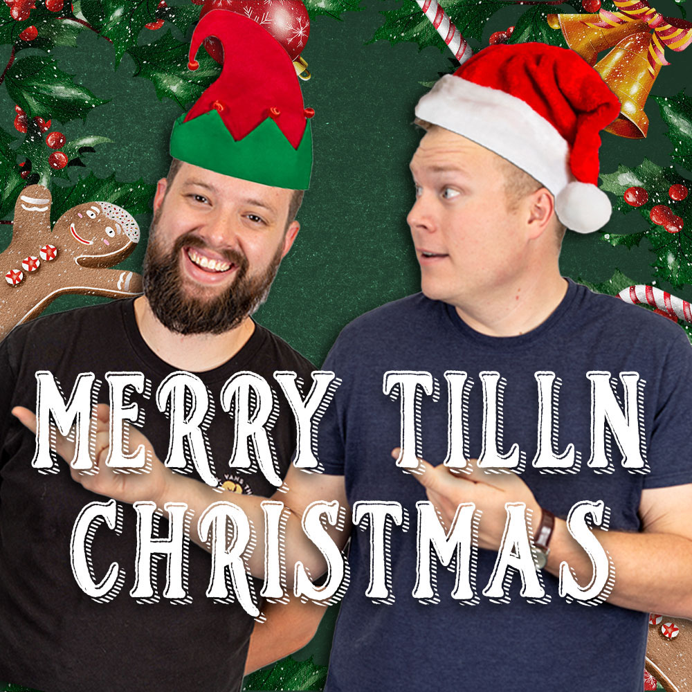 Tim Stone and Jaron Myers with Christmas hats in front of a green background with Christmas Decor and the text, "Merry TILLN Christmas"