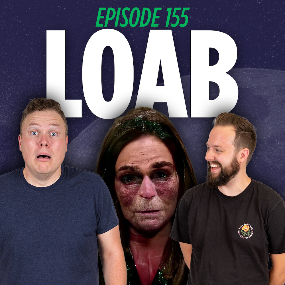 Jaron Myers and Tim Stone standing in fear in front of Loab the ai generated woman that is causing terror