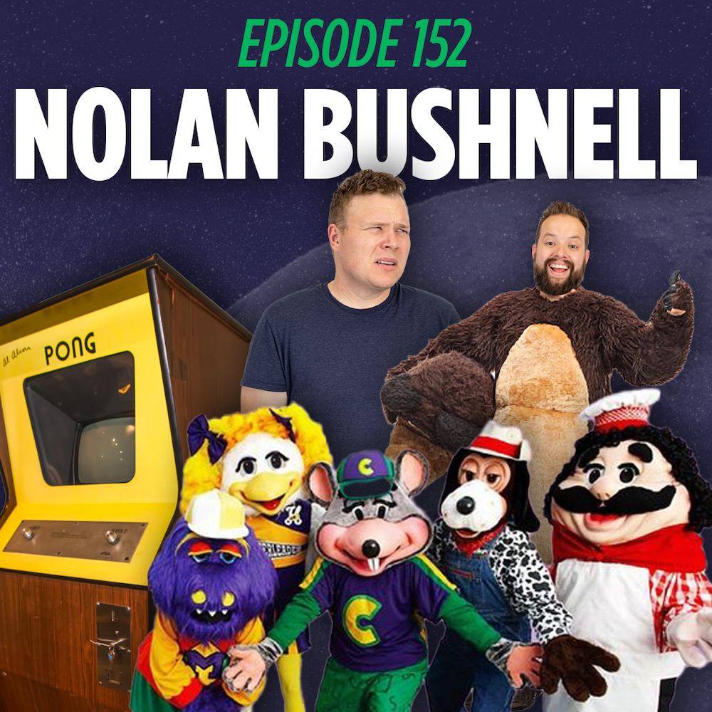 Jaron Myers and Tim Stone standing behind an Atari machine and the characters from Chuck E Cheese over a Things I Learned Last Night branded background with the text 'Nolan Bushnell'