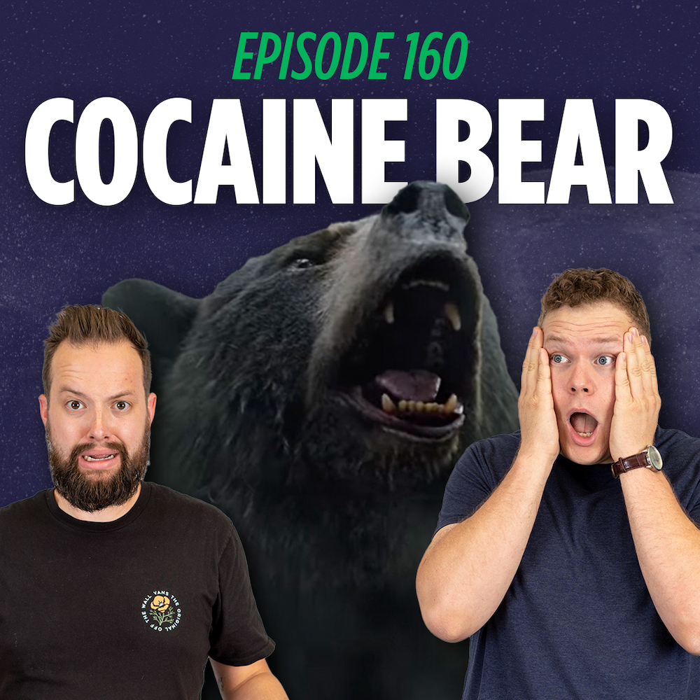Tim Stone and Jaron Myers screaming with a roaring bear behind them over a graphic that reads 'cocaine bear, drew thornton, plane crashes, and what really happened'