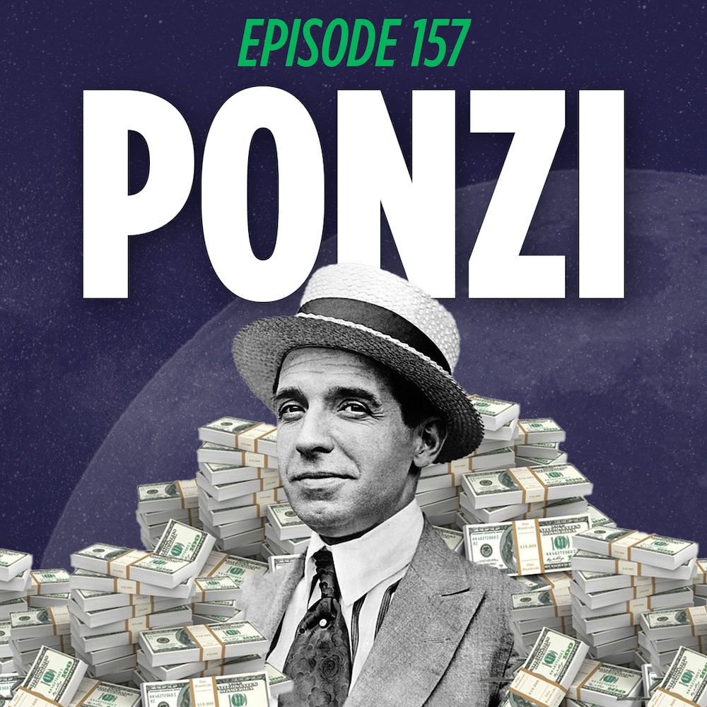 Charles Ponzi standing in front of a large pile of cash