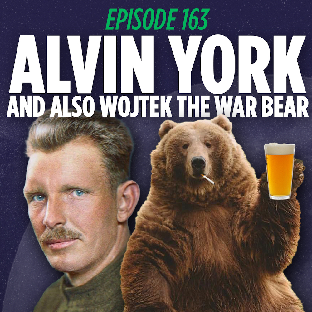 Alvin York the WW1 war hero and Wojtek the WW2 war hero in front of a graphic that reads 'Alving York and also the wojtke war bear'