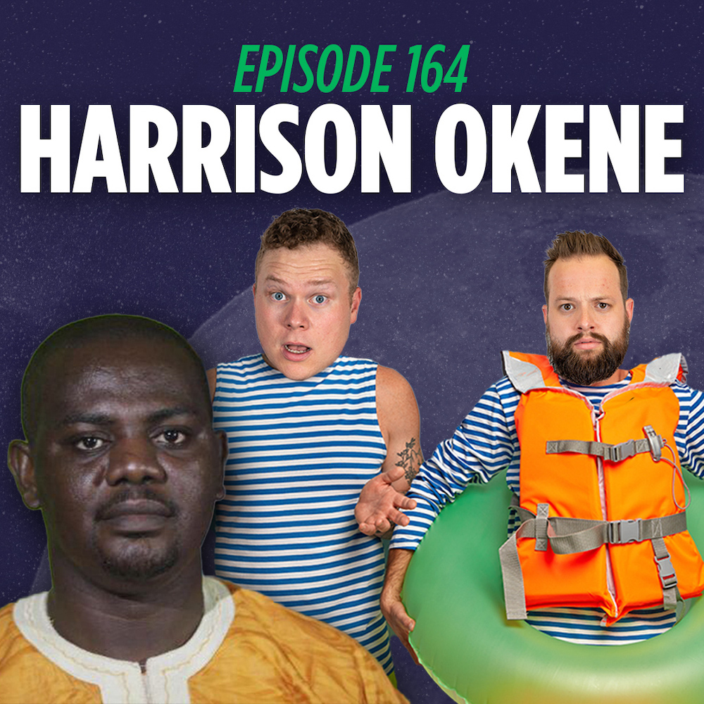Podcasters Tim Stone and Jaron Myers wearing swim gear behind Harrison Okene the sole survivor of the Jacson-4 disaster