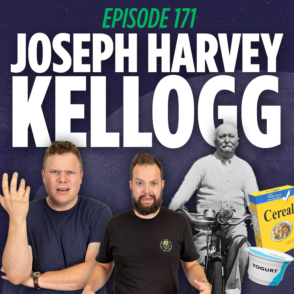 Podcasters Tim Stone and Jaron Myers in front of John Harvey Kellogg who is riding a bike and a box of cereal and yogurt