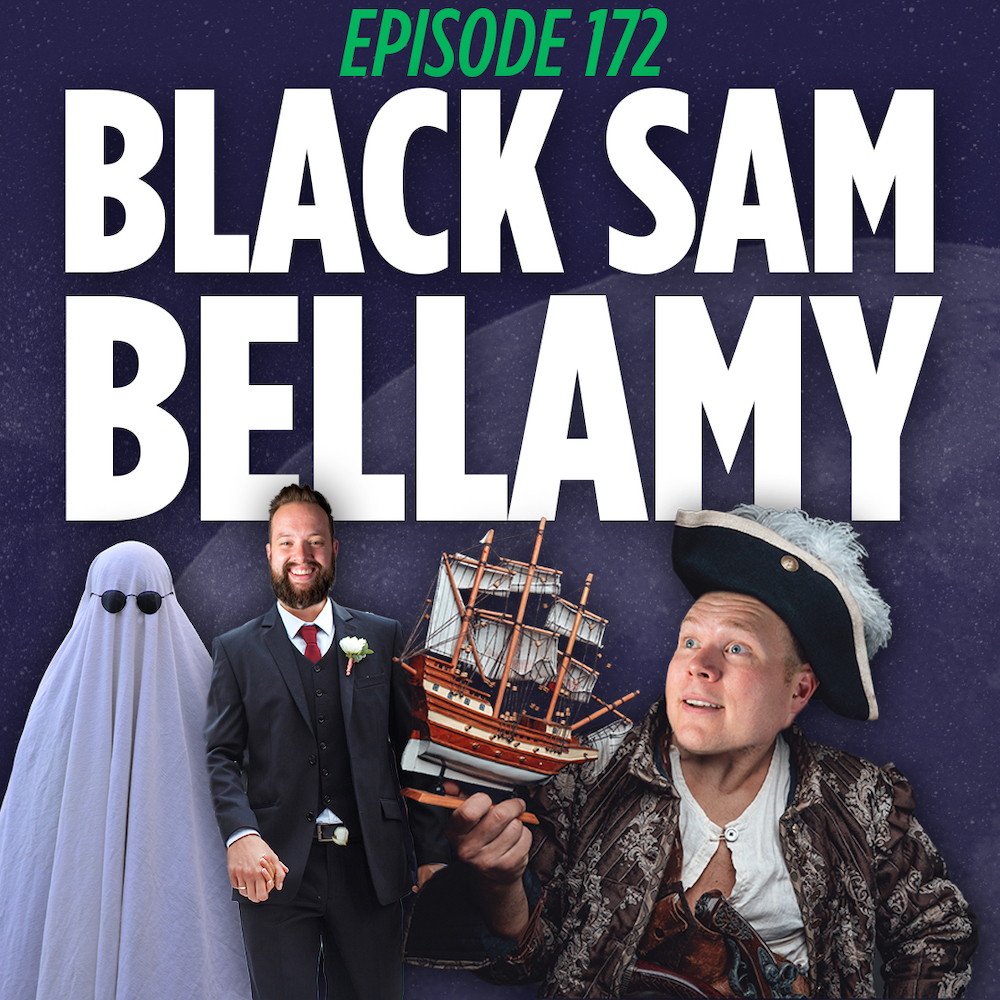 Tim Stone in a tuxedo holding hands with a ghost next to Jaron Myers in traditional pirate clothes standing in front of a pirate ship. All are in front of a tilln podcast branded graphic that reads Black Sam Bellamy.
