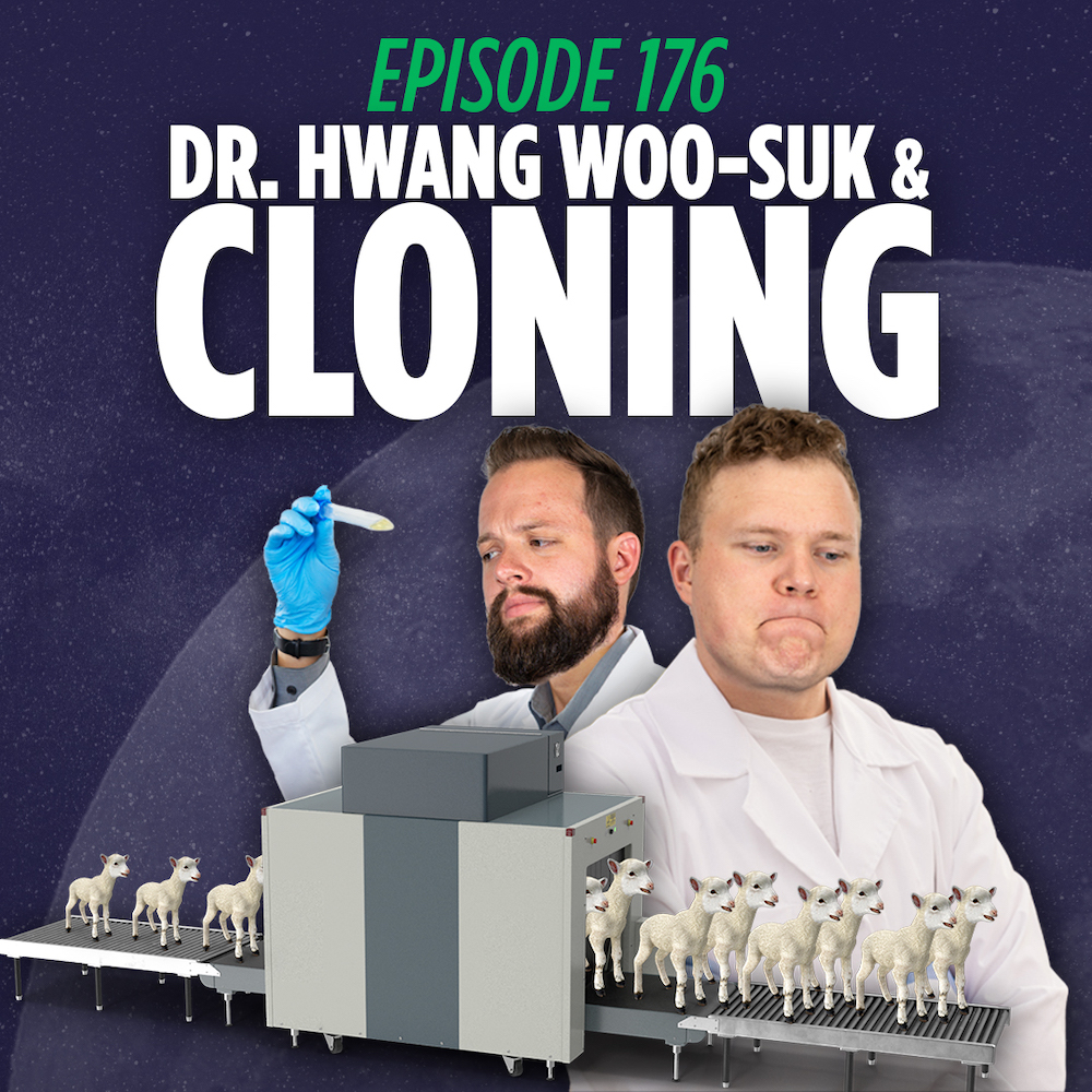 Jaron myers and Tim Stone in lab coats watching an assembly line of goat clones being made in front of a graphic that reads dr hwang woo-suk and cloning