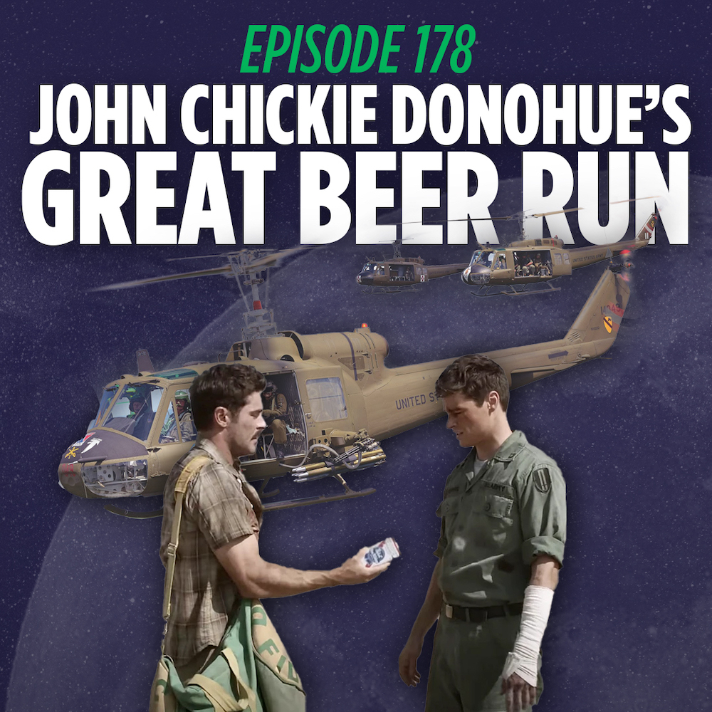 chickie donohue handing a beer to a Vietnam soldier in front of a helicopter and truck full of beer