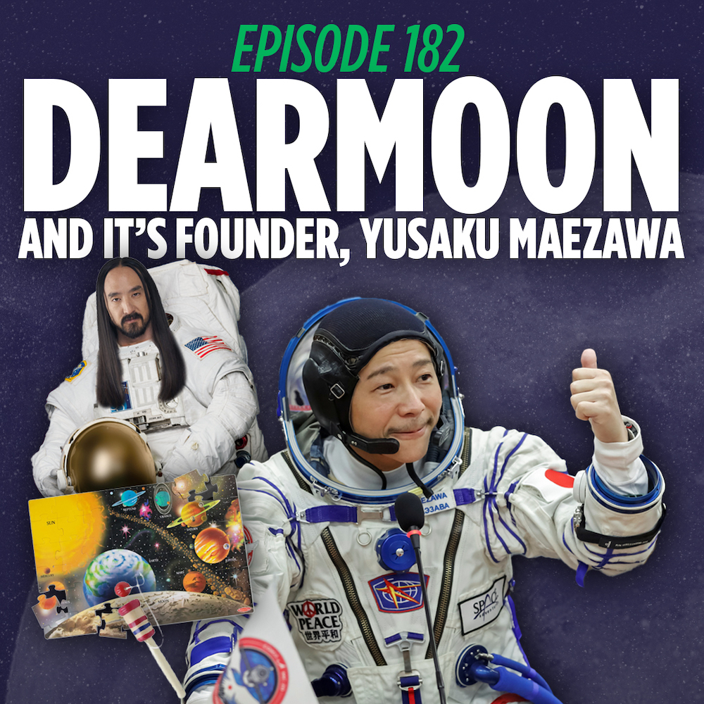 yusaku maezawa and steve aoki in space suits in front of a graphic that reads Dearmoon and it's founder, yusaku maezawa