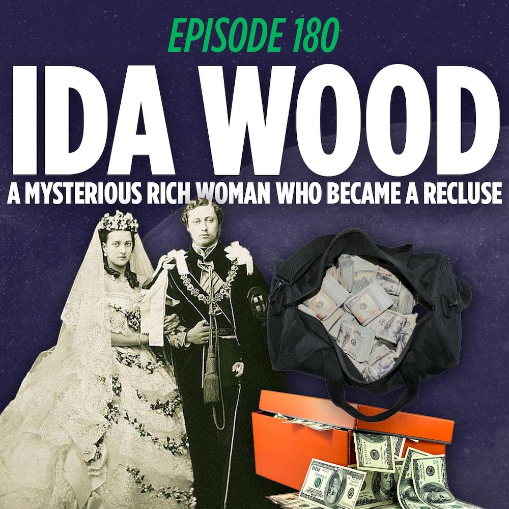 ida and benjamin wood standing behind piles of cash in front of a graphic that reads Ida Wood mysterious rich woman that became a recluse