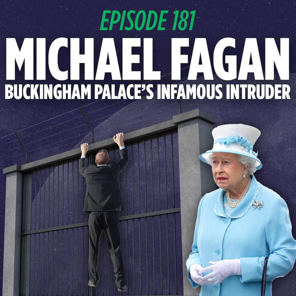 The queen standing in front of the buckingham palace walls while michael fagan hangs from the top of the rail.