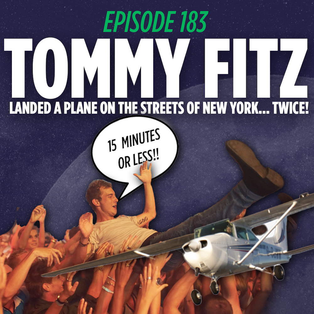 Tommy Fitz crowd surfing next to a single engine airplane in front of a graphic that reads Tommy Fitz and branded for the podcast Things I Learned Last Night