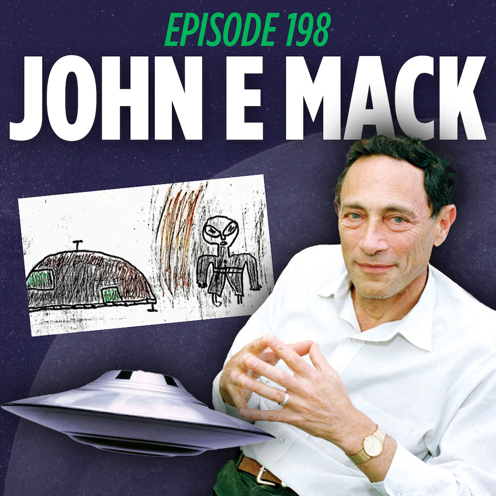 John Edwards Mack posing in front of a drawing of an alien and a ufo in front of a Things I Learned Last Night podcast branded graphic