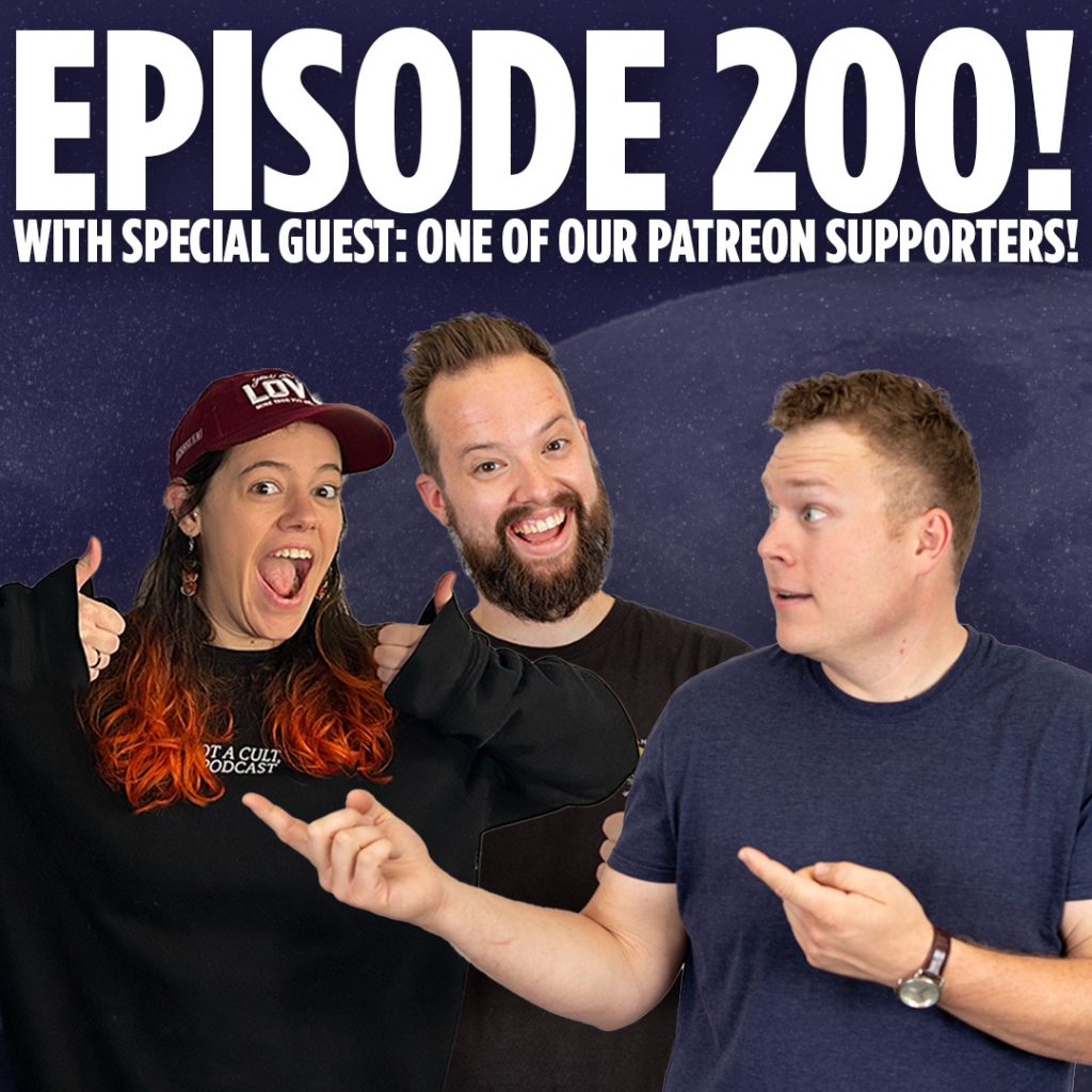 Podcasters of Things I Learned Last Night Jaron Myers and Tim Stone with one of their Patrons in front of a graphic that reads 200th episode