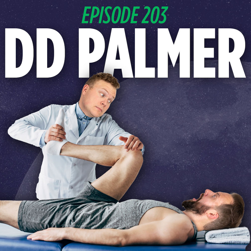 Jaron Myers dressed like a chiropractor giving Tim stone an Adjustment in front of a TILLN podcast graphic that reads DD Palmer