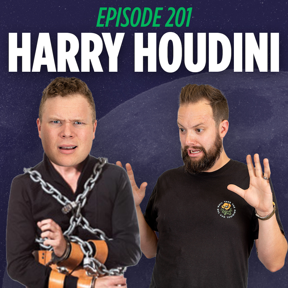 Podcasters Tim Stone and Jaron Myers recreating a famous Harry Houdini escape