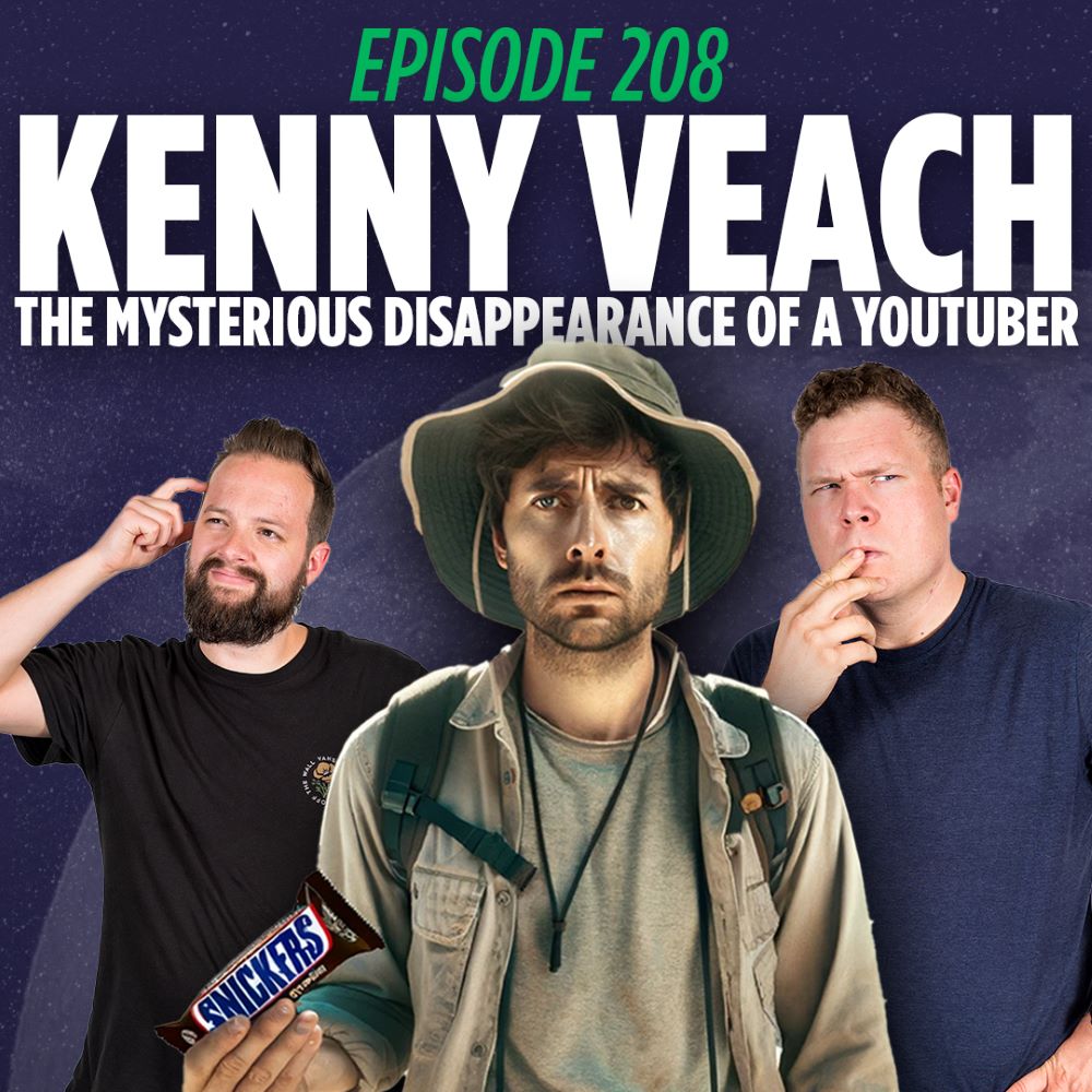 Podcasters Jaron Myers and Tim Stone pose in a confused manner next to YouTuber Kenny Veach.