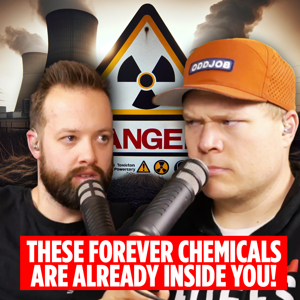 Podcasters Jaron Myers and Tim Stone stand in front of a chemical factory with red eyes