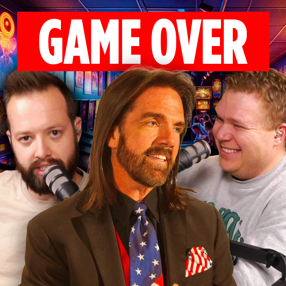Podcasters Jaron Myers and Tim Stone stand in front of an arcade alongside Billy Mitchell, the "King of Kong"