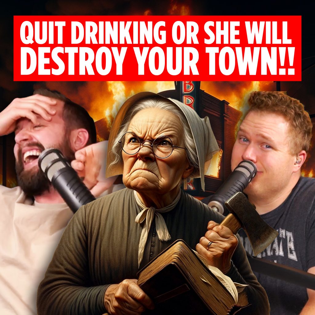 Podcasters Jaron Myers and Tim Stone stand next to an angry grandmother holding a Bible.