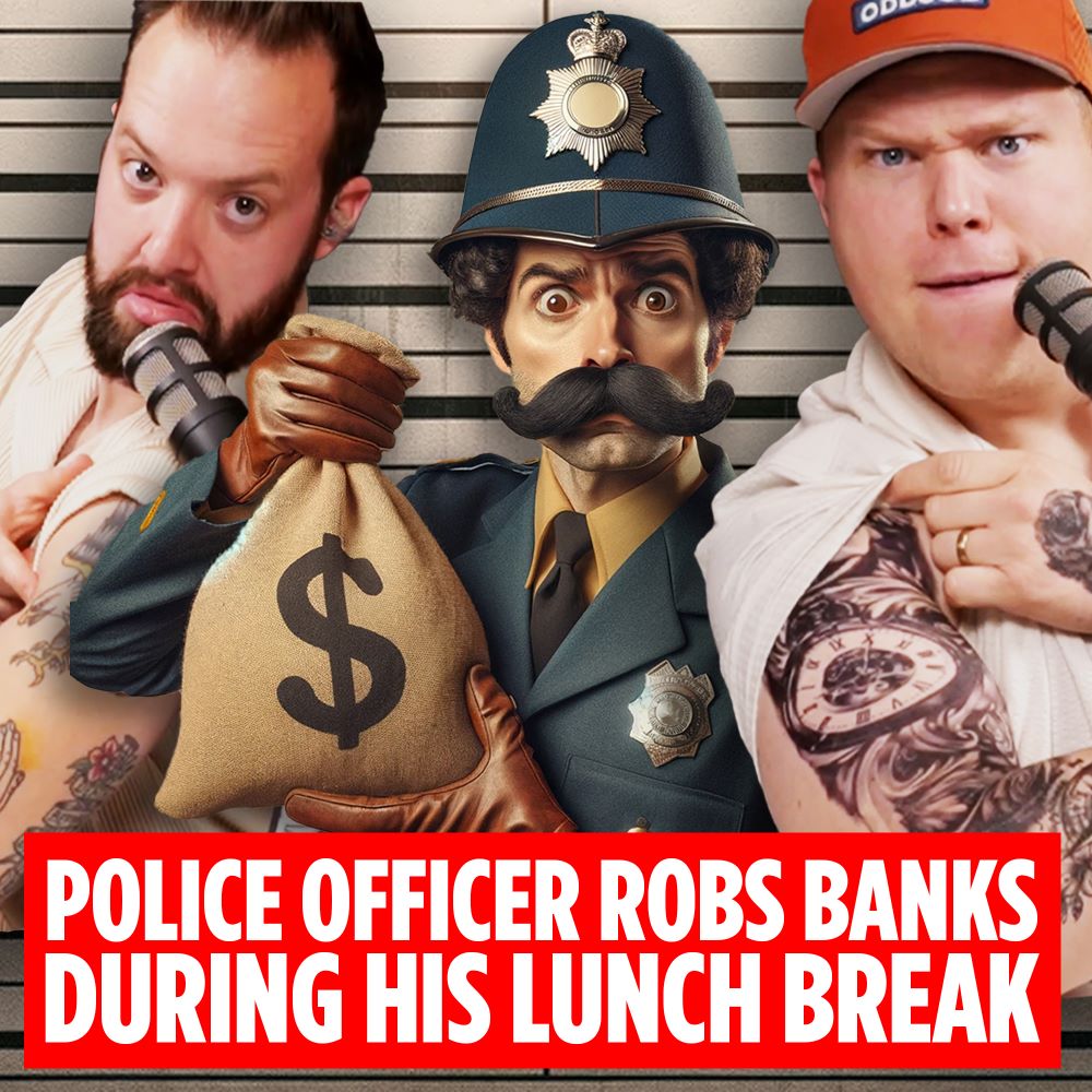 Podcasters Tim Stone and Jaron Myers show tattoos on their forearms next to a police officer holding a bag of money.
