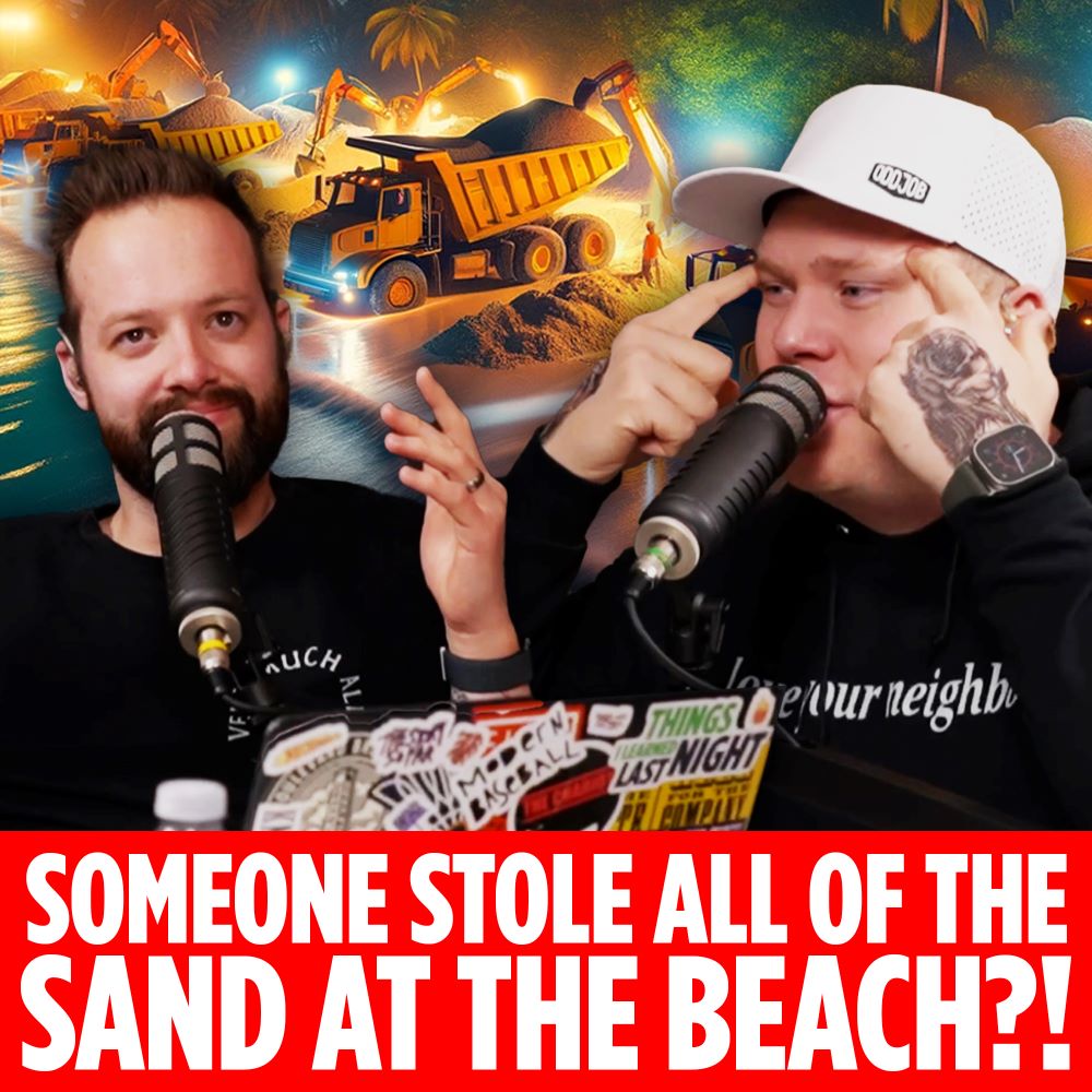 Podcasters Jaron Myers and Tim Stone stand in front of a beach with dump trucks removing all the sand.