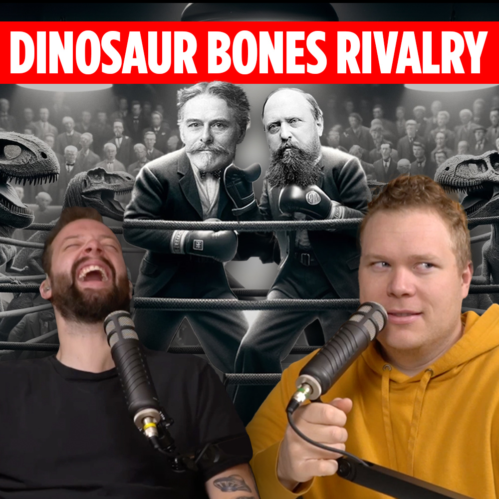 Comedy podcasters Tim Stone and Jaron Myers laughing in front of an image of Edward drinker cope and othniel charles marsh in a boxing ring surrounded by human and dinosaur spectators with banner text that reads 'dinosaur bones rivalry'