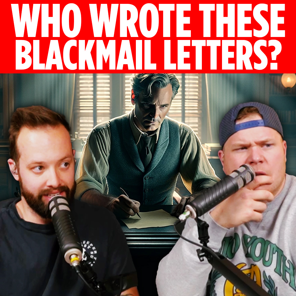 Podcasters Jaron Myers and Tim Stone talking in front of a man who is writing a letter and a banner with text that reads "Who wrote these blackmail letters?"