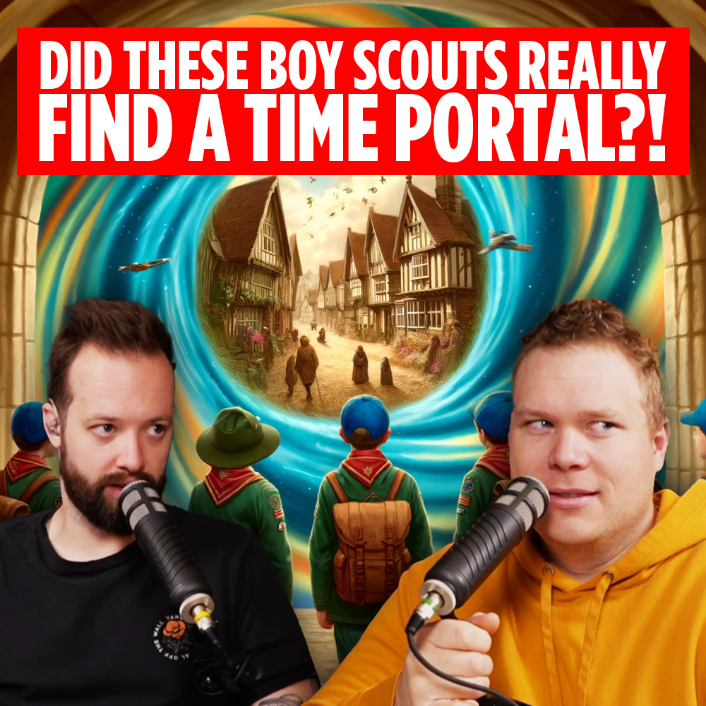 Jaron Myers and Tim Stone with podcast mics showing expressions of doubt. Behind them is a group of boy scouts looking through a portal into the past.