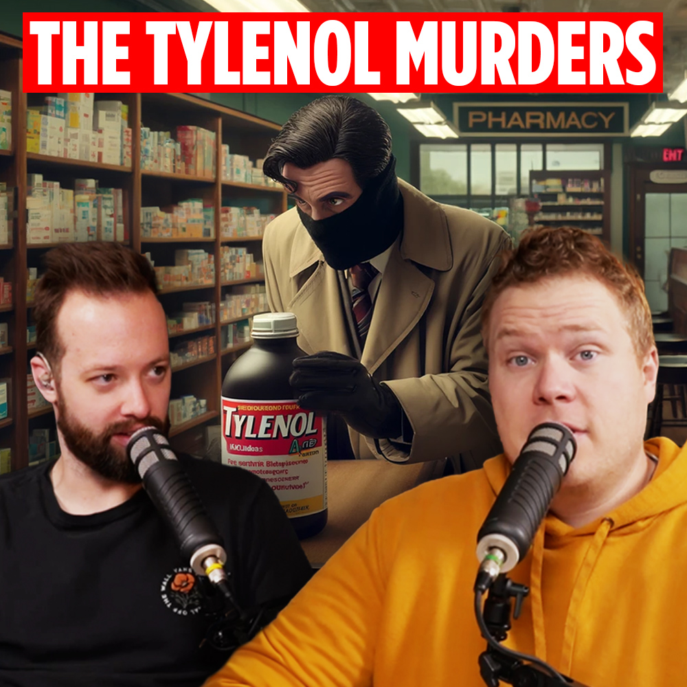 Comedy podcasters Tim Stone and Jaron Myers talking in front of an image of a man tampering with a bottle of tylenol in a pharmacy with a banner that read 'the tylenol murders'