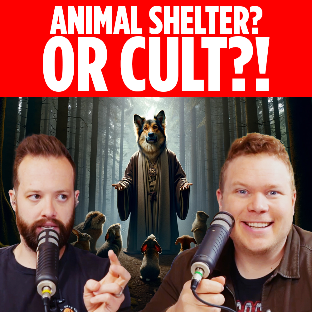 podcasters tim stone and jaron myers talking in front of a fox dressed like a cultist with the banner text that reads 'animal shelter or cult'