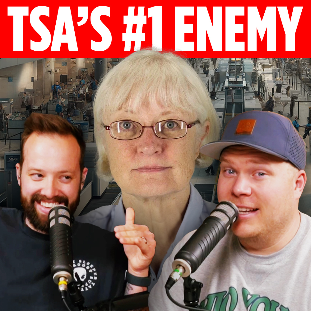 Podcasters Jaron Myers and Tim Stone talking on mic in front of an image of Marilyn Hartman with the headling TSA's #1 Enemy above her head