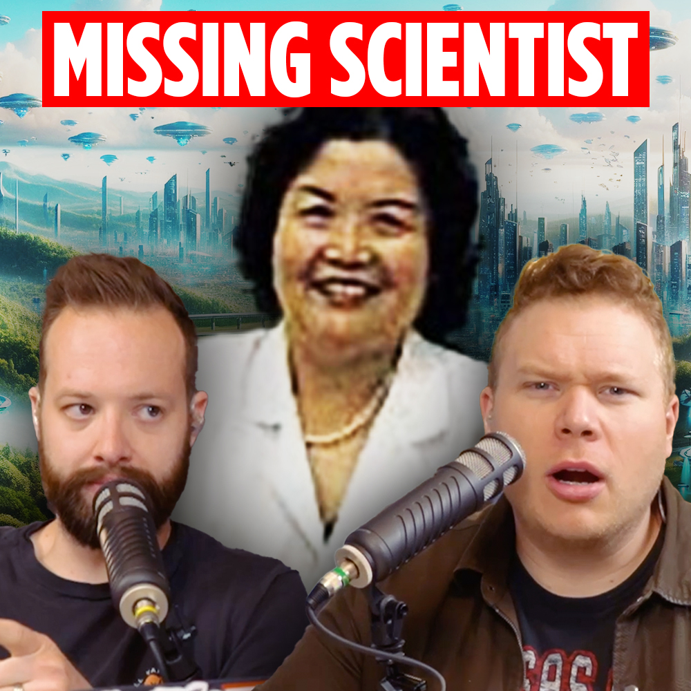 Comedy podcast hosts Tim Stone and Jaron Myers talking in front of Ning Li with a banner that reads "missing scientist"