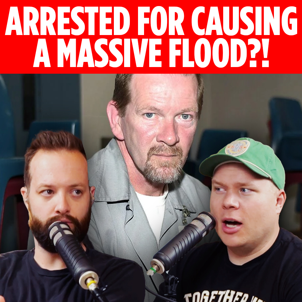 Podcasters Jaron Myers and Tim Stone talking on mic in front of a picture of James Scott with a banner that reads "arrested for causing a massive flood"