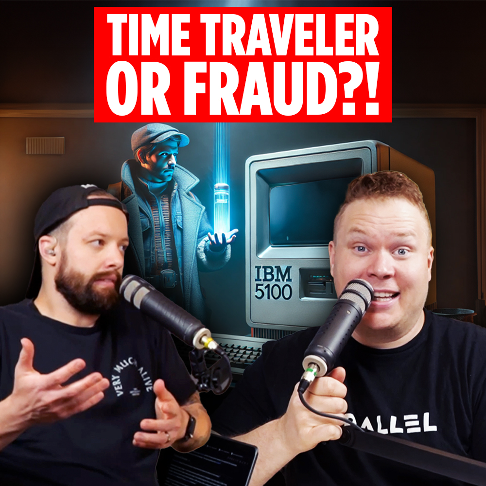 Comedy podcasters Tim Stone and Jaron Myers talking in front of a time traveler and an old computer with a headline that reads, "Time Traveler or Fraud"