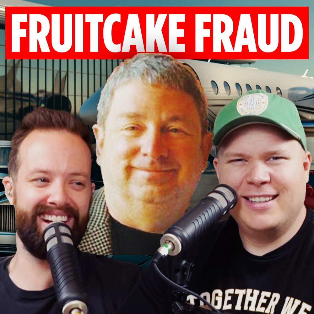 comedy podcasters tim stone and jaron myers talking in front of an image of sandy jenkins and a banner that reads 'fruitcake fraud'