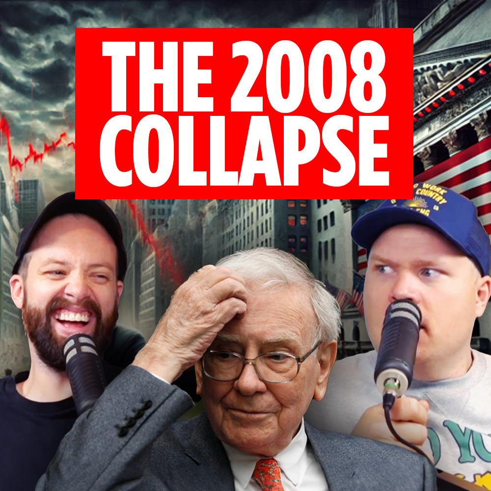 warren buffet with a concerned look on his face next to comedy podcasters tim stone and jaron myers with a banner that reads 'the 2008 collapse'